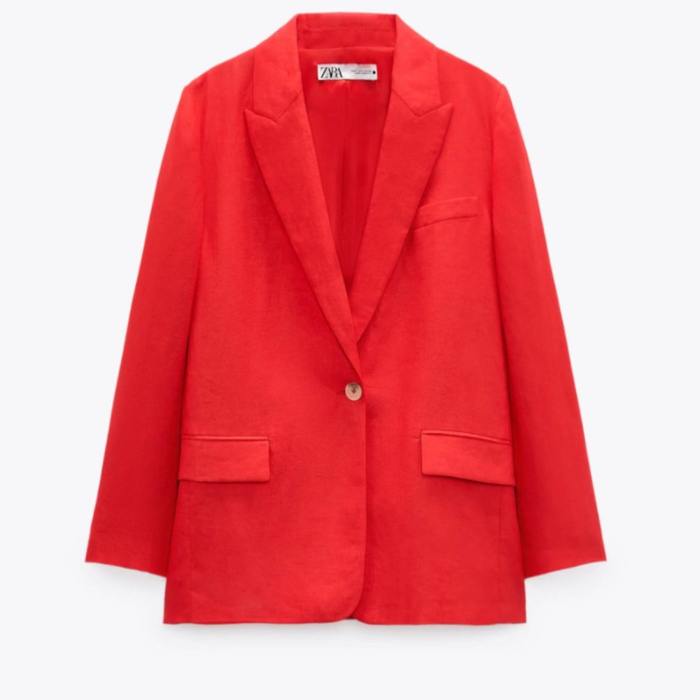 Straight Cut Red Linen Blazer, Size Small